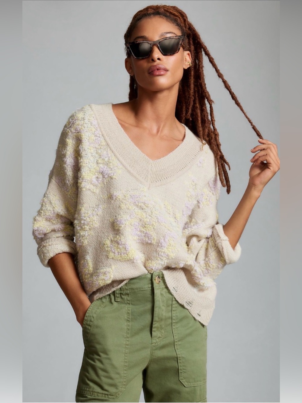 ANTHROPOLOGIE Textured V-Neck Sweater Cozy Cream Distressed Knit